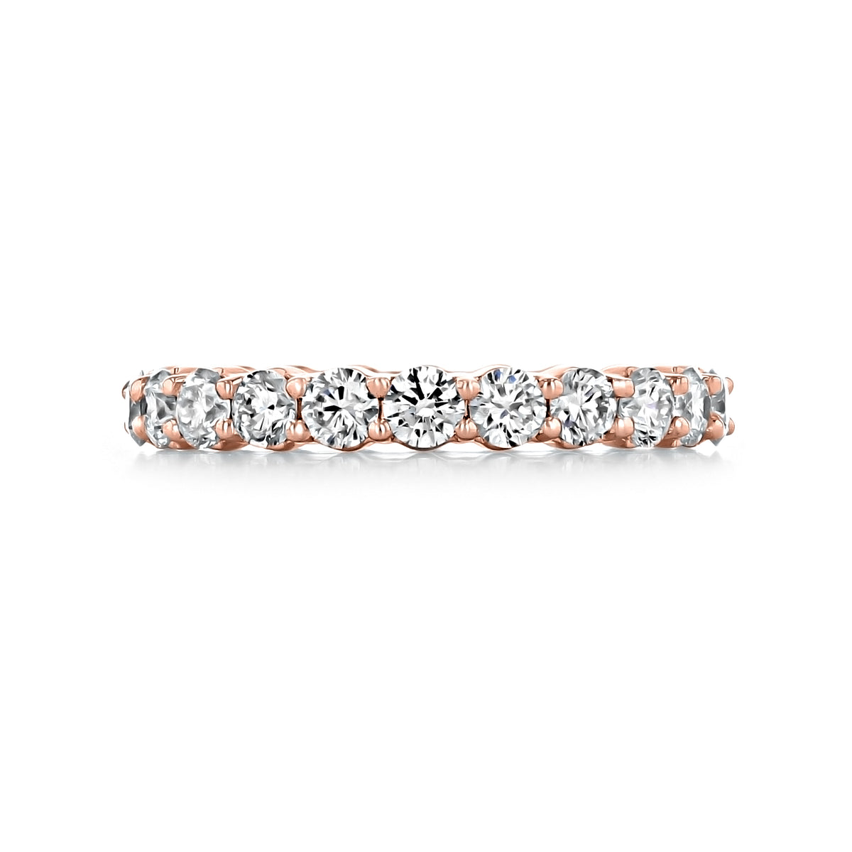 Trinity | 1.72ctw Shared Prong Round Diamond Eternity Band featuring a row of round diamonds in shared prongs on a rose gold metal band.