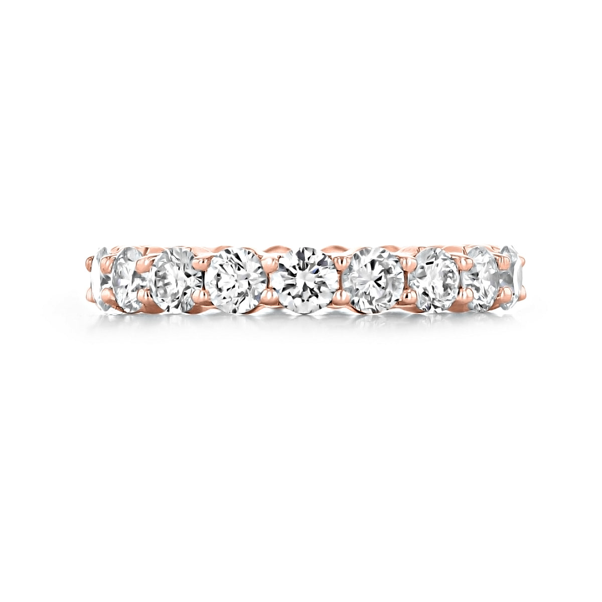 Trinity 2.40ctw Shared Prong Round Diamond Eternity Band featuring round-cut diamonds in a shared-prong rose gold setting, perfect for an anniversary.