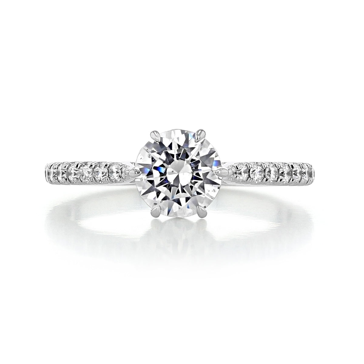 Classico | 6-Prong Engagement Ring - CL108 with a six-prong setting, pavé-set diamond band, and a round center diamond.