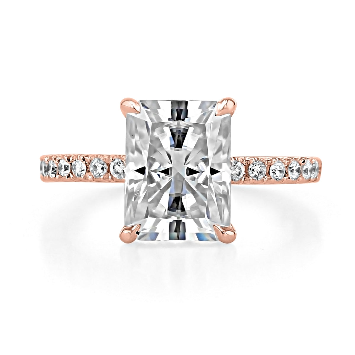 Everly | Radiant Micro-Prong Engagement Ring with a radiant-cut stone, a rose gold band, and micro-prong set accent diamonds.