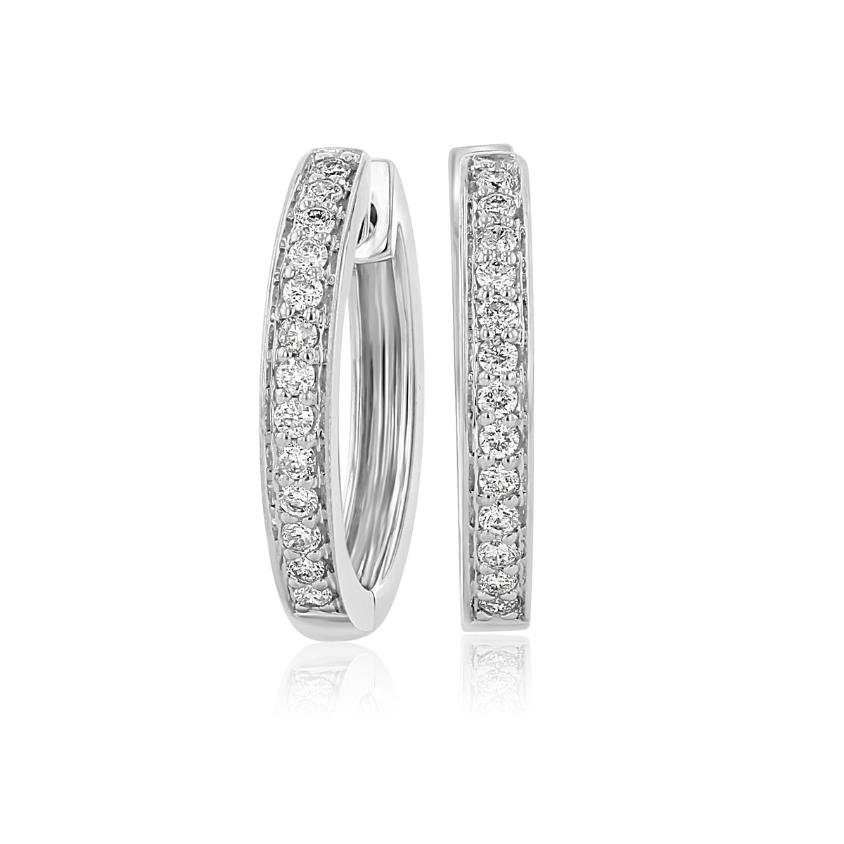 14K White Gold Diamond Huggie Hoops | E369 pair of huggie hoop earrings in 14k white gold encrusted with pavé diamonds.