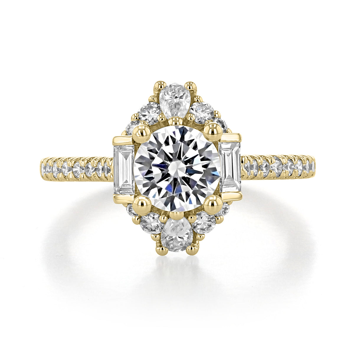Carrington | Art Deco Engagement Ring by Gabriel & Co. featuring a yellow gold halo with a round center stone, surrounded by round and baguette diamonds on a micro-prong set band.
