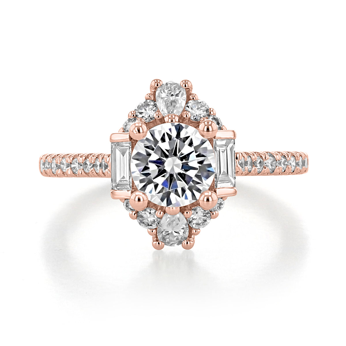 Carrington Art Deco Engagement Ring by Gabriel & Co. in rose gold featuring a central round diamond, pear and round accent stones, baguette-shaped side diamonds, and micro-prong set diamonds along the band.