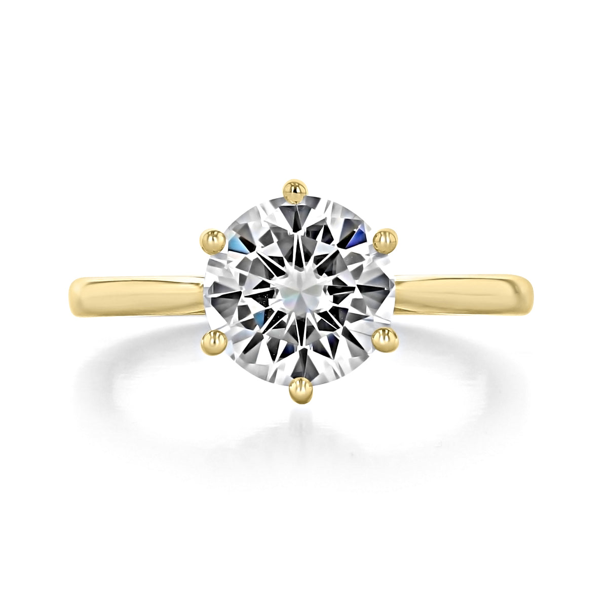 Juliet Round 6-Prong Solitaire Engagement Ring featuring a round-cut center stone in a six-prong setting on a gold band.