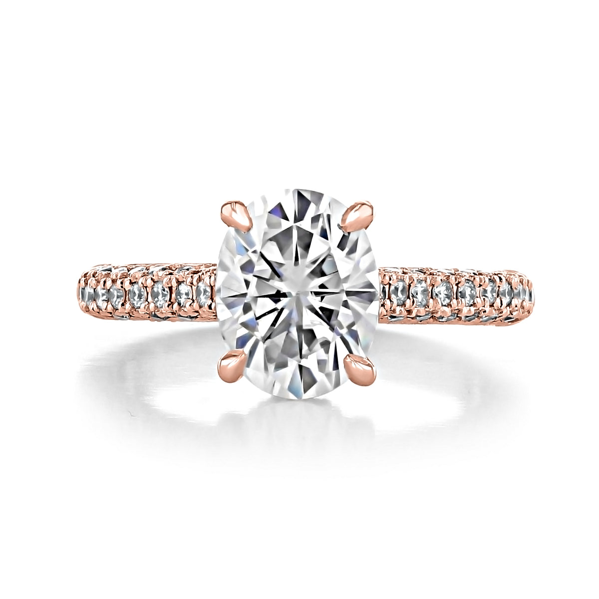 Pear Moissanite Hidden Halo Engagement Ring | EV30PS in rose gold featuring an oval-shaped gemstone with a pavé band and a hidden halo.