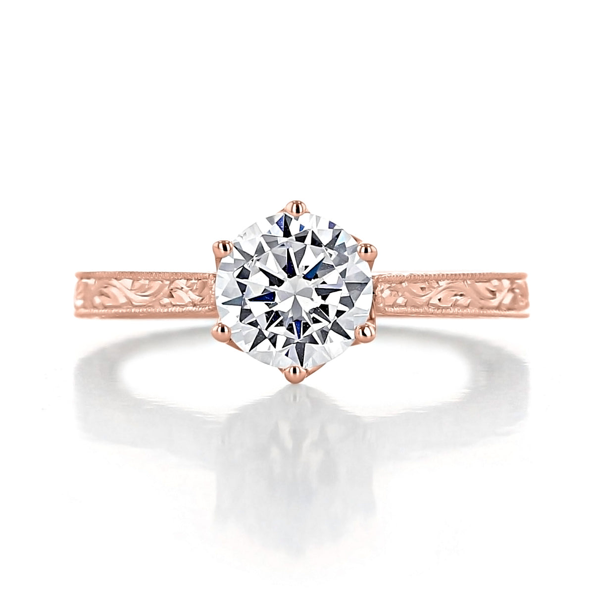 Napa | Round 6-Prong Engraved Engagement Ring in vintage-inspired rose gold featuring a round center stone in a six-prong tulip setting with an engraved filigree band.