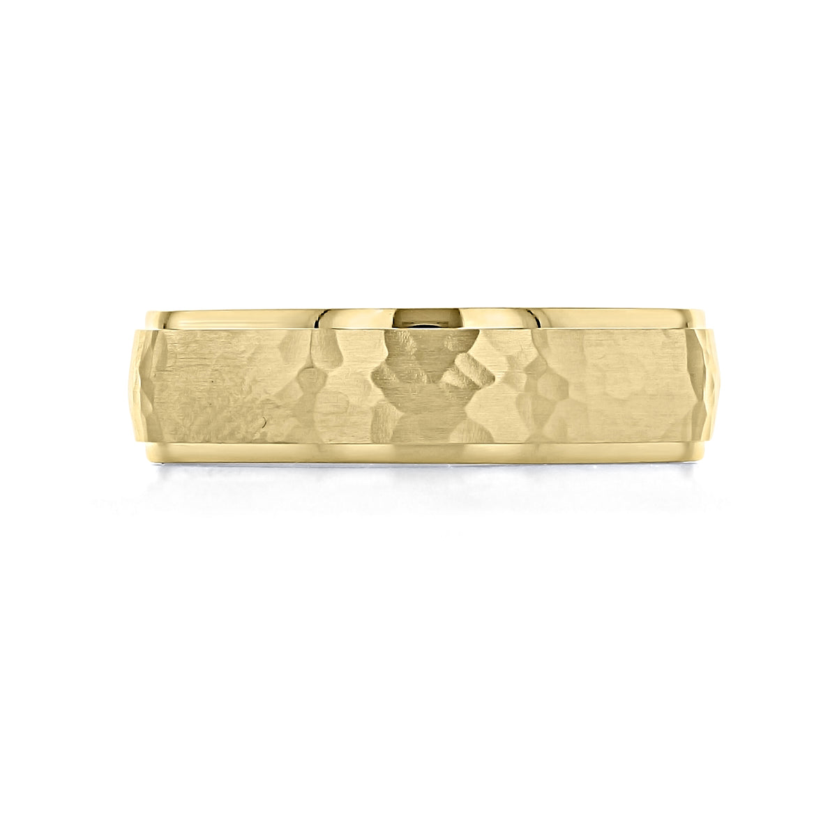 Hammered Wedding Band | FG118 yellow gold wedding band with a textured, hammered finish and smooth beveled edges.