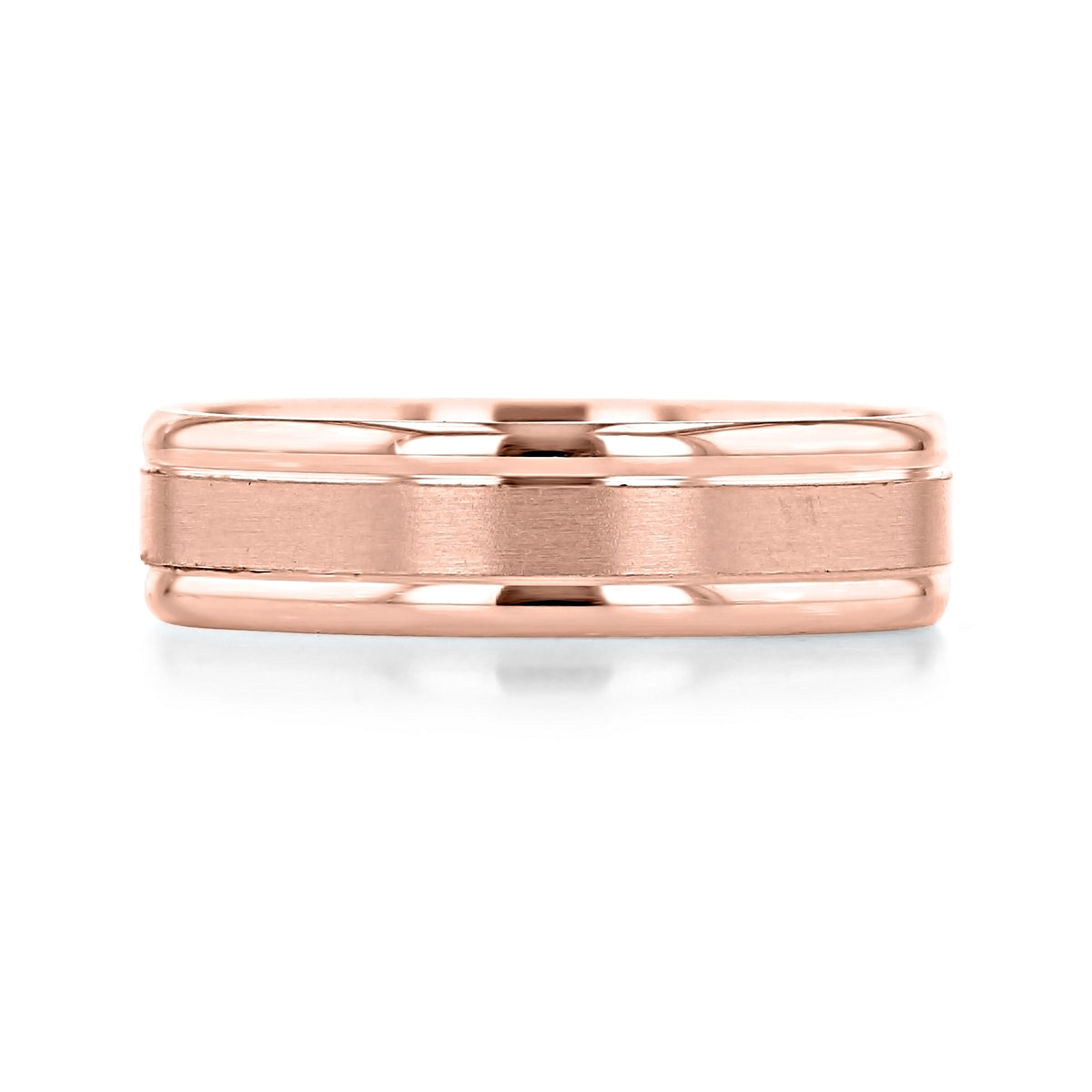 Flat-Top Wedding Band | FG141: a 6mm rose gold band with a flat, brushed center panel and polished beveled edges.