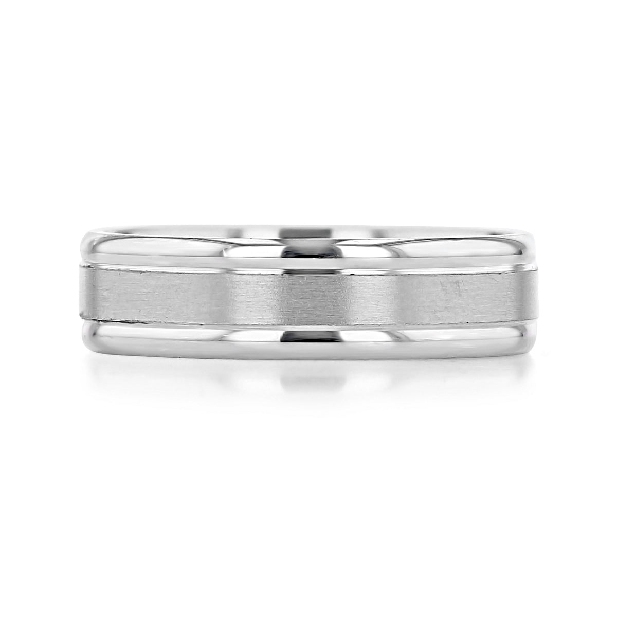 Flat-Top Wedding Band | FG141: a 6mm silver-toned band with a flat, brushed center finish bordered by polished edges.