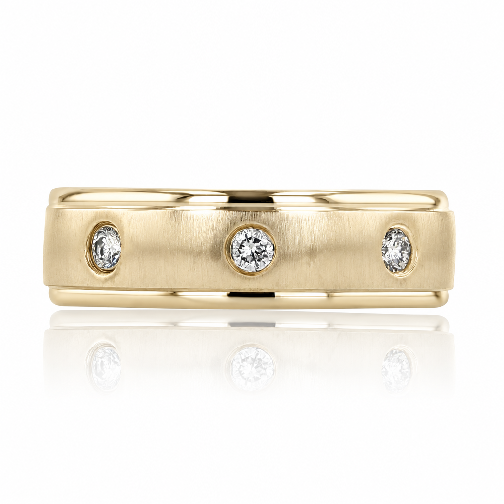 Icing On The Ring Diamond Wedding Band | FG144 gold band with a brushed finish featuring three flush-set round diamonds in a masculine design.
