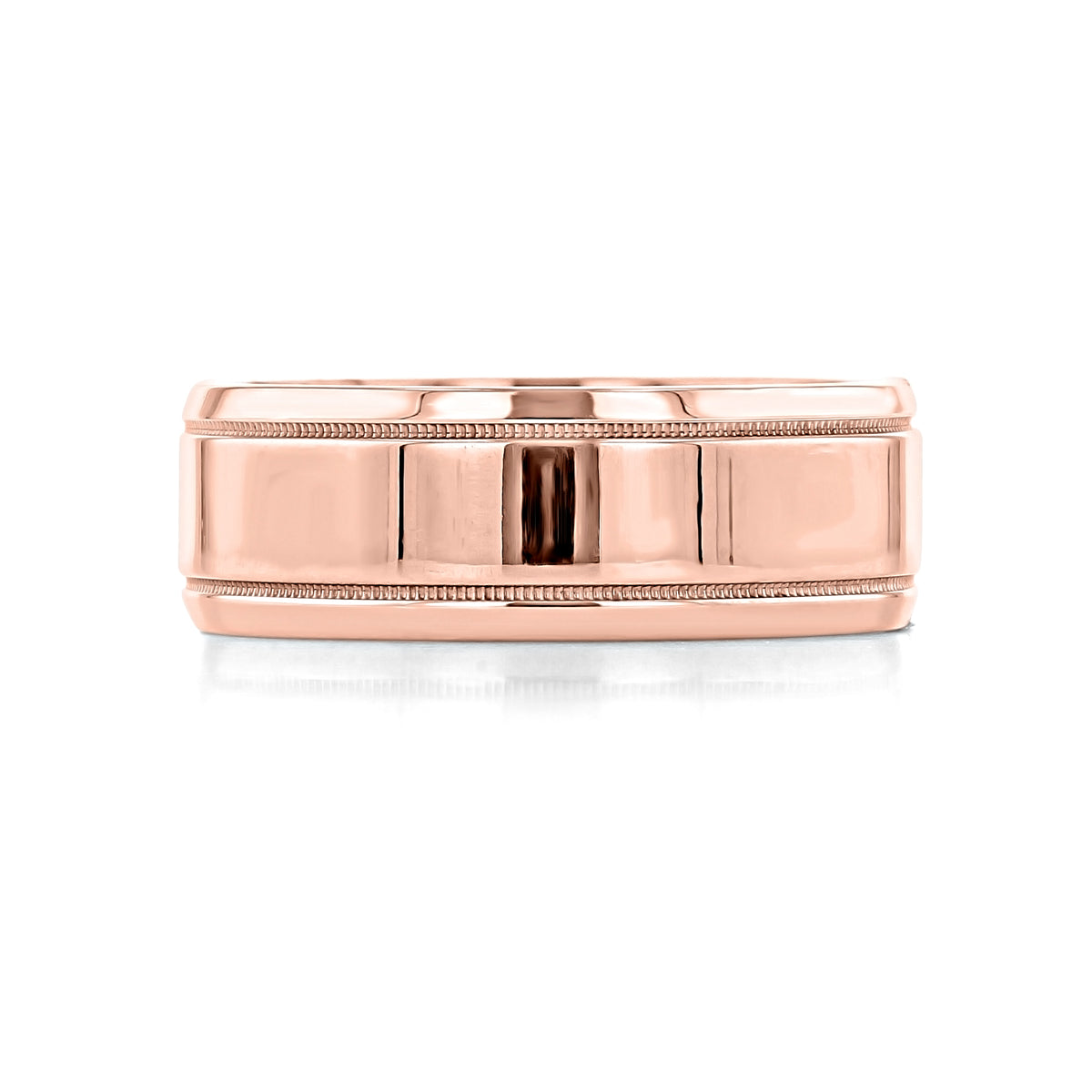 Artcarved Polished Wedding Band | FG153 in rose gold with a brushed center, flat edges, and milgrain detailing.