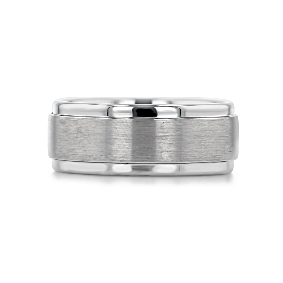 Triton Tungsten Carbide 9mm Men’s Brushed Wedding Band | FG162: a 9mm silver-toned white tungsten carbide wedding band with a brushed center and polished edges.