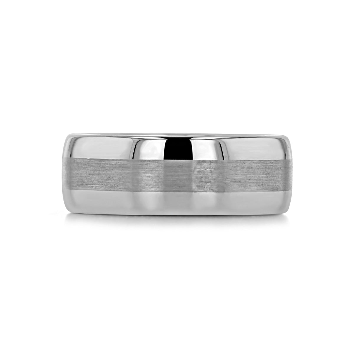 Triton Tungsten Carbide 8mm Men’s Striped Wedding Band (FG169) featuring a white tungsten design with a wide, brushed finish center stripe flanked by polished edges.