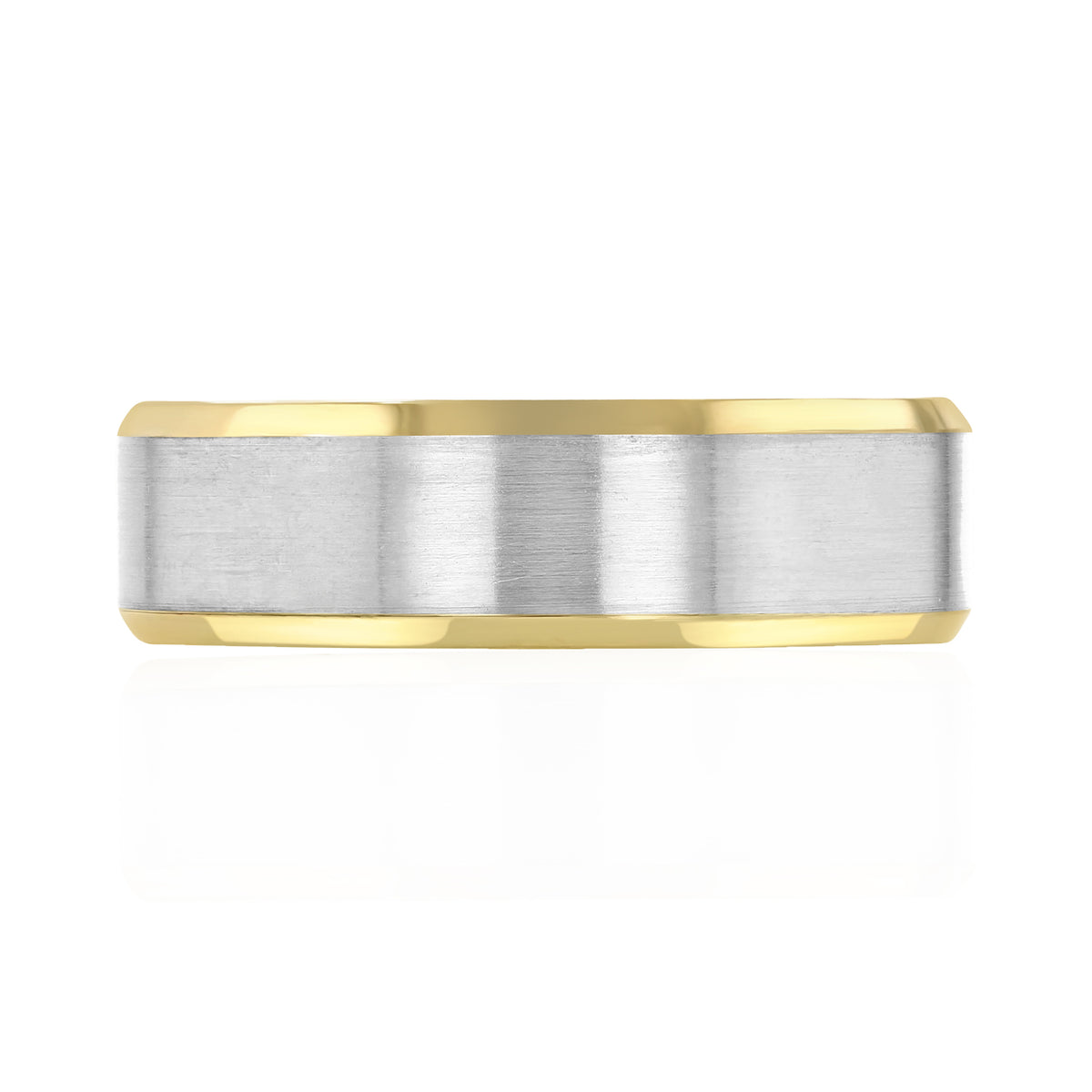 Beveled Wedding Band | FG202-7, a two-tone men’s wedding band with a brushed silver center and polished yellow gold beveled edges.