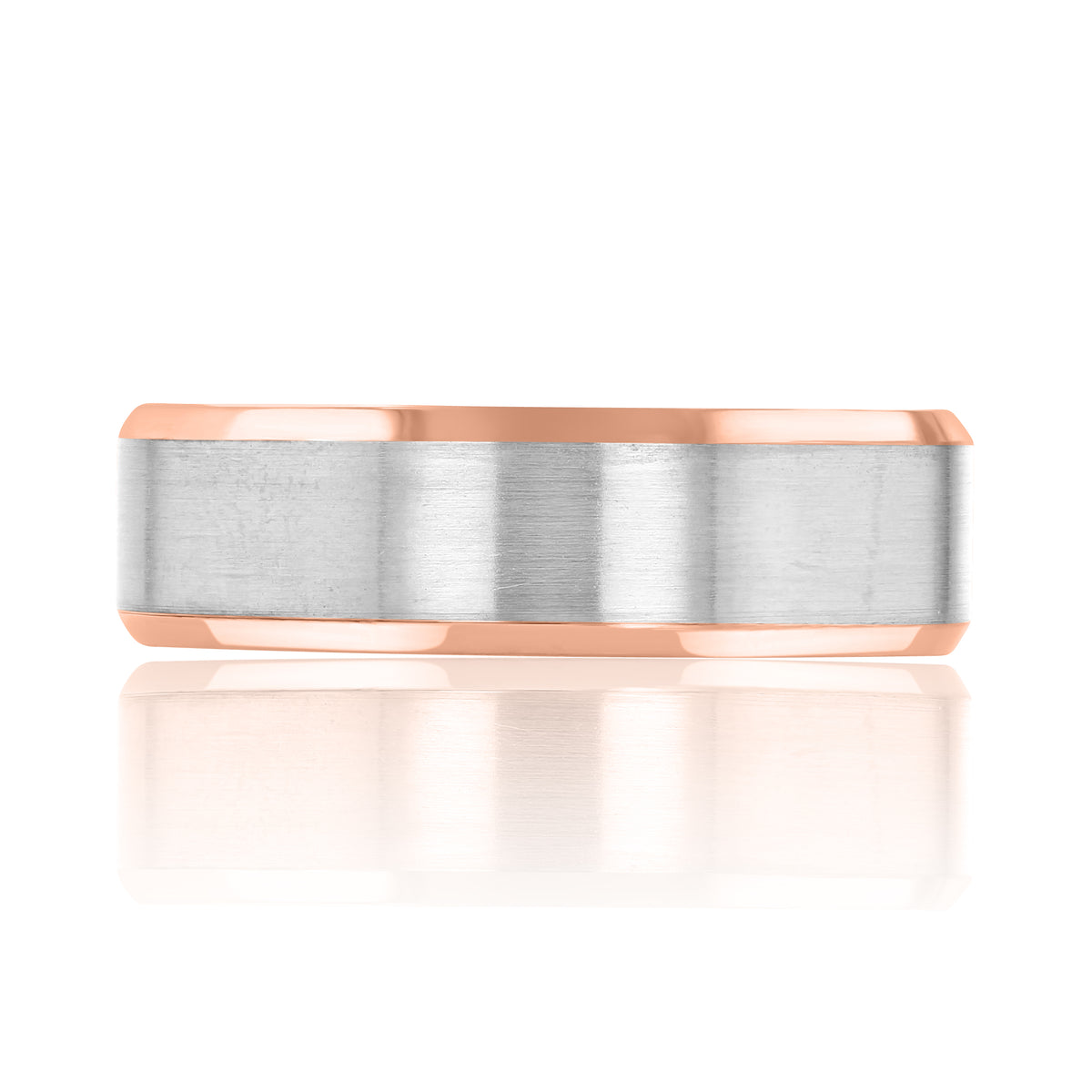 Beveled Wedding Band | FG202-7, a two-tone men’s wedding ring featuring a brushed silver center and polished rose gold beveled edges.
