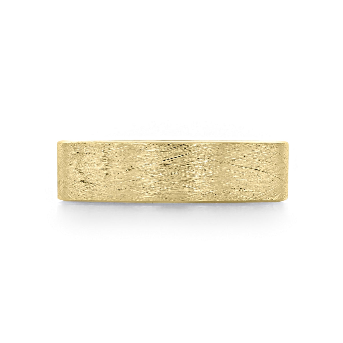 Artcarved Coarse Wedding Band | FG24: a flat yellow gold wedding band featuring a rugged, scratched finish.