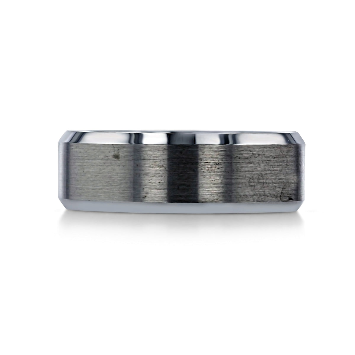 Triton Tungsten Carbide 8mm Men’s Beveled Wedding Band | FG293 featuring a wide gray metal design with a brushed center and polished beveled edges.