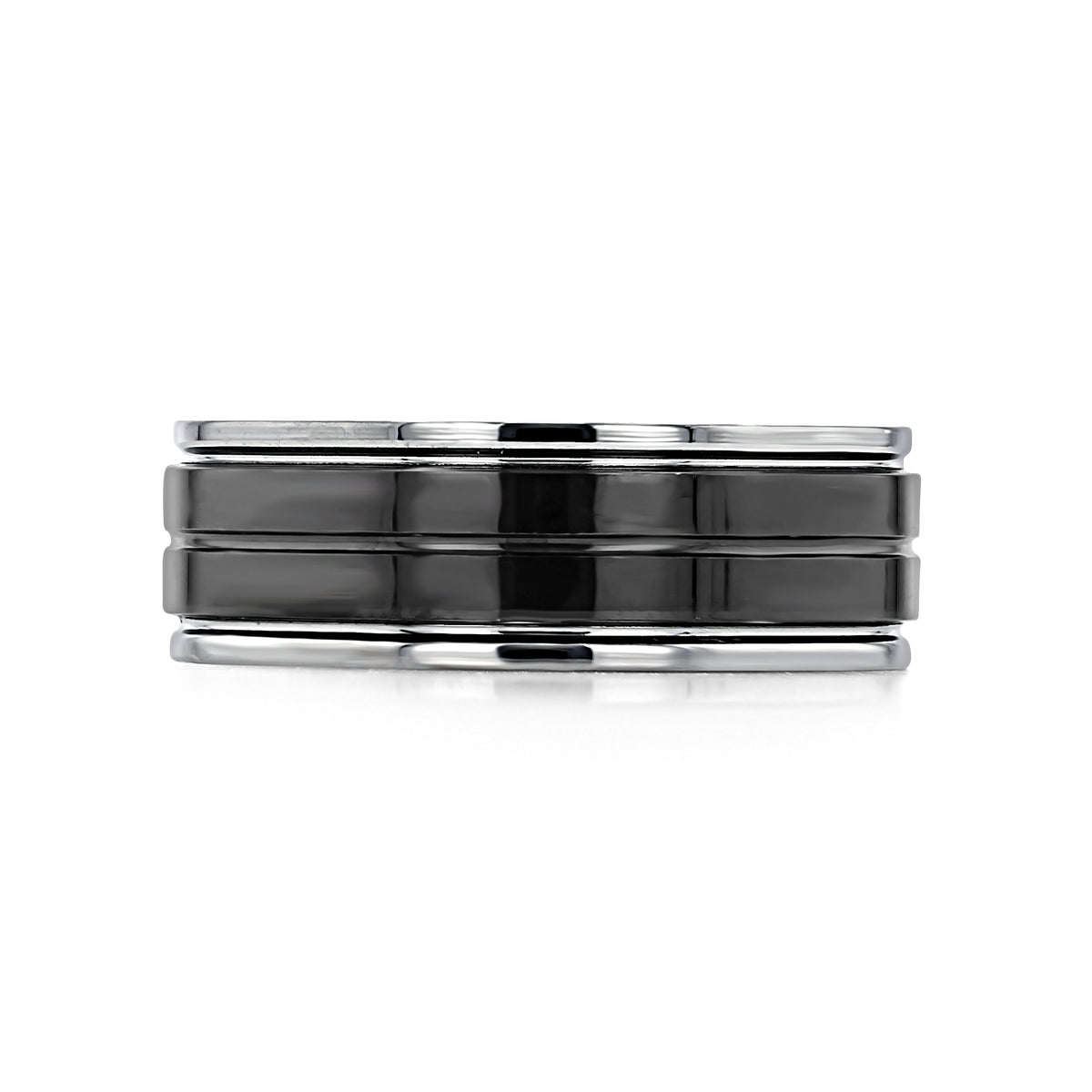 A Triton Tungsten Carbide 8mm Men’s Black Ceramic Wedding Band featuring a wide band with a black center stripe flanked by silver-toned edges.