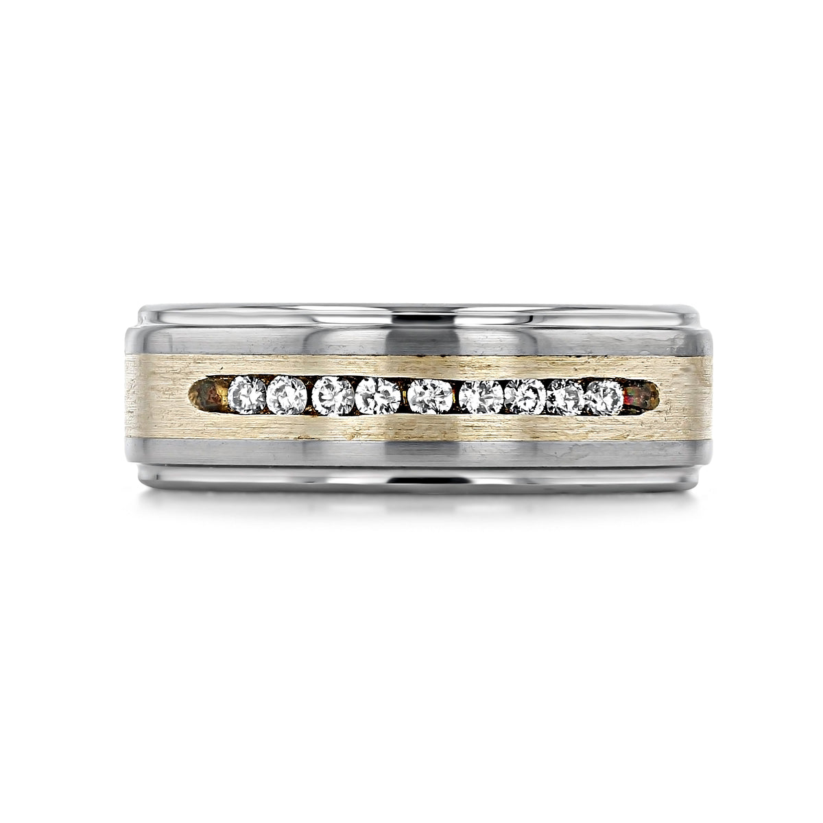 Triton Tungsten Carbide 8mm Men’s Diamond Wedding Band | FG297 featuring a row of round diamonds set in a brushed gold center channel bordered by silver bands.