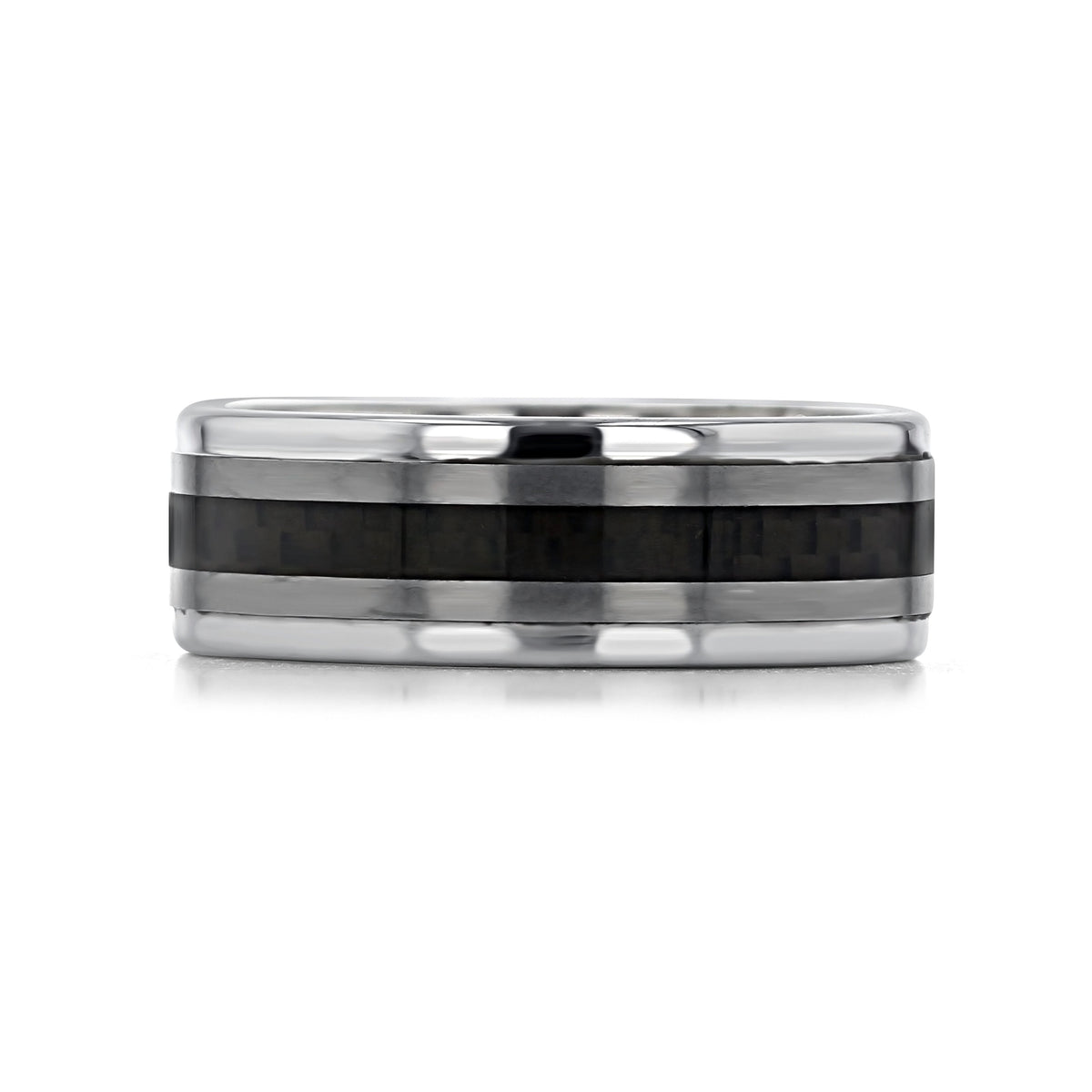 Triton Tungsten Carbide 8mm Men’s Carbon Fiber Center Wedding Band | FG302 featuring a wide tungsten carbide band with a dark, patterned carbon fiber inlay around the center.