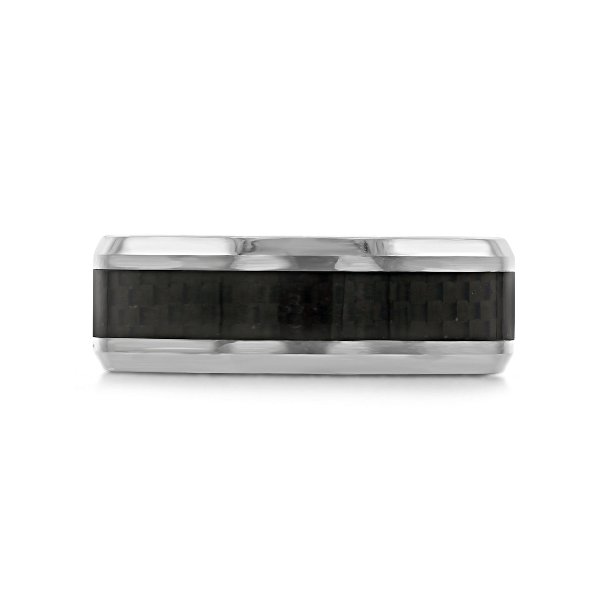 Triton Tungsten Carbide 8mm Men’s Carbon Fiber Wedding Band with a beveled edge and a dark, checkered inlay.