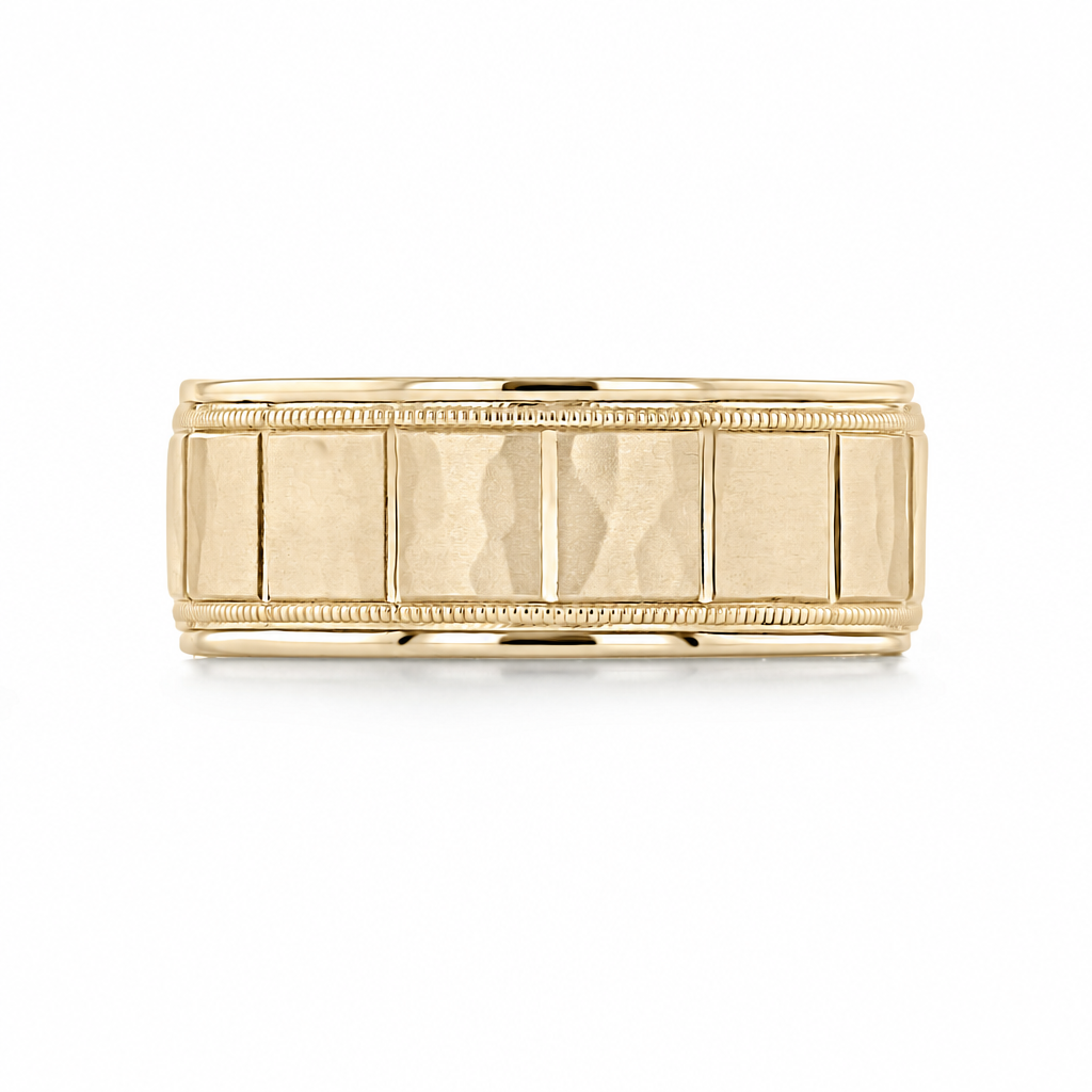 Hammered Wedding Band | FG333 gold ring featuring a central row of rectangular hammered windows bordered by milgrain edges.