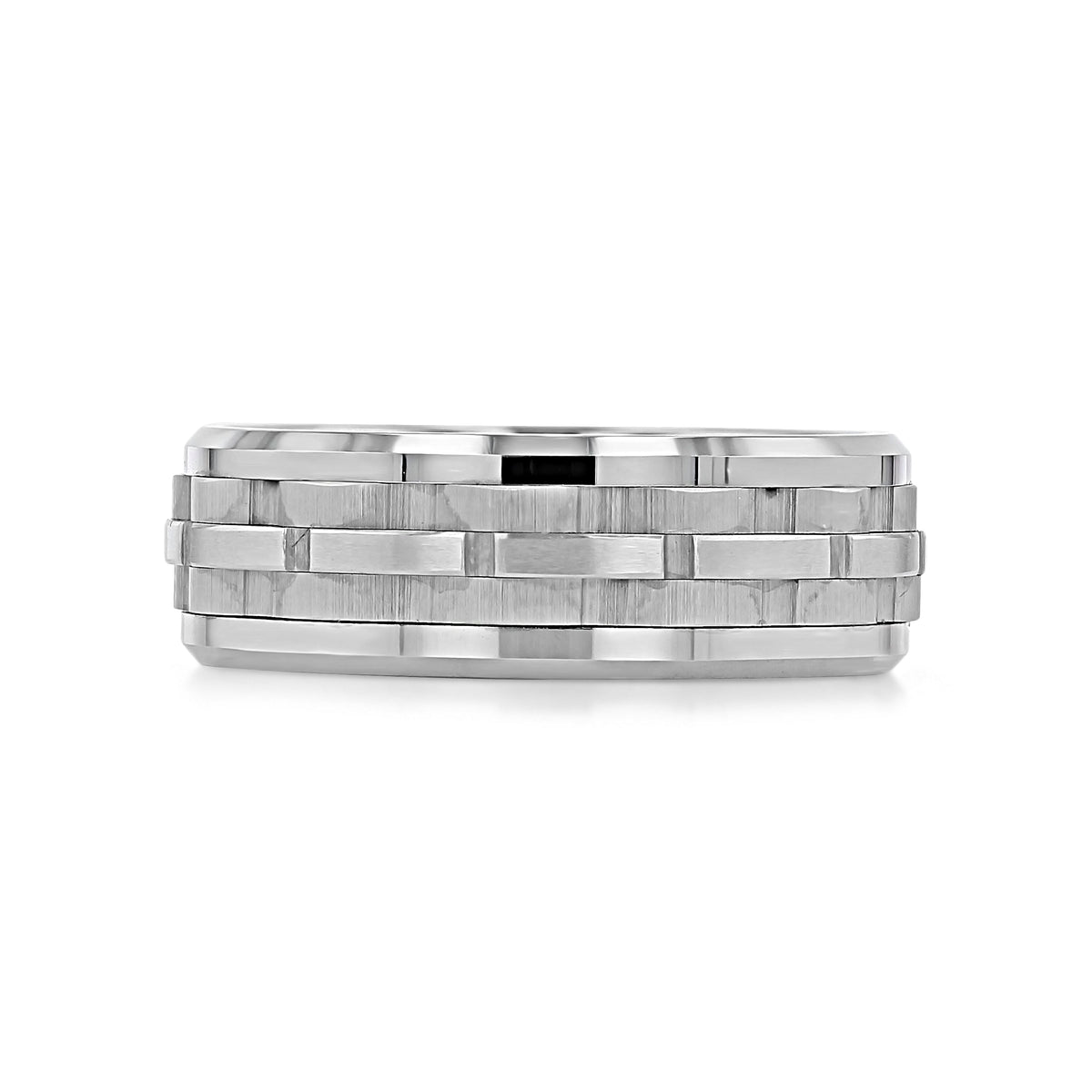 Triton White Tungsten Carbide 8mm Men’s Brushed Wedding Band | FG33 featuring a textured brick-patterned center and polished edges.