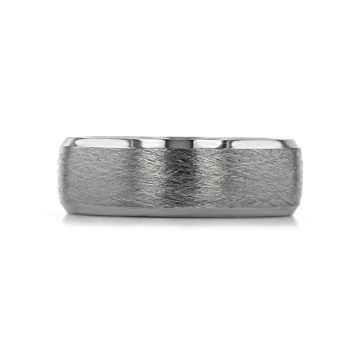 A Triton Tungsten Carbide 7.5mm Men’s Coarse Center Wedding Band | FG366 with a gray metallic finish, a textured center, and polished, beveled edges.