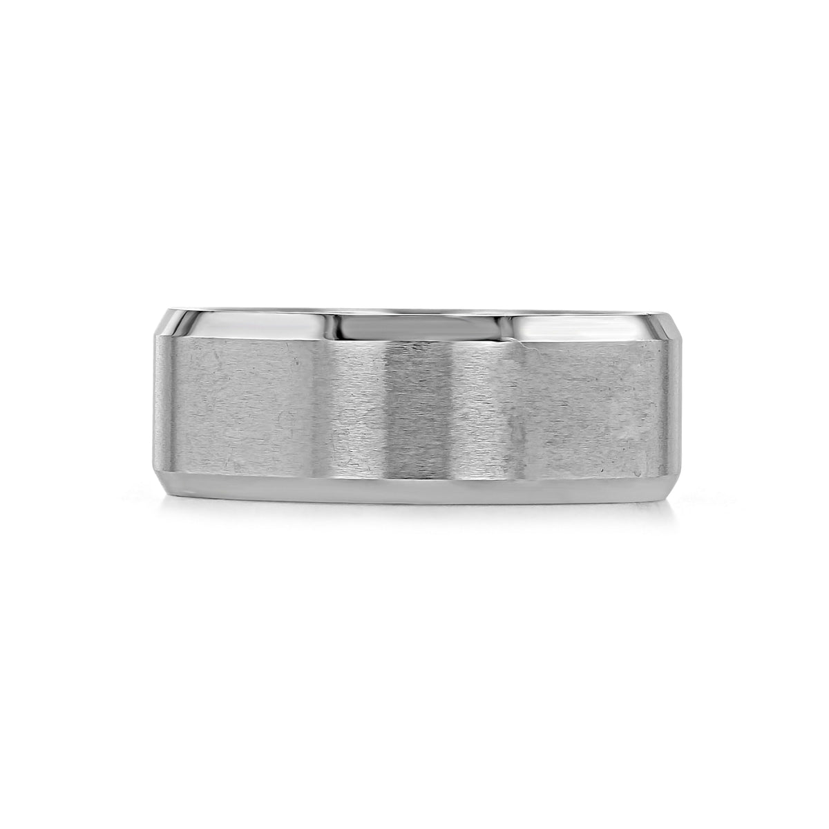 Triton White Tungsten Carbide 8mm Men’s Beveled Wedding Band | FG395, featuring a brushed center and polished beveled edges.
