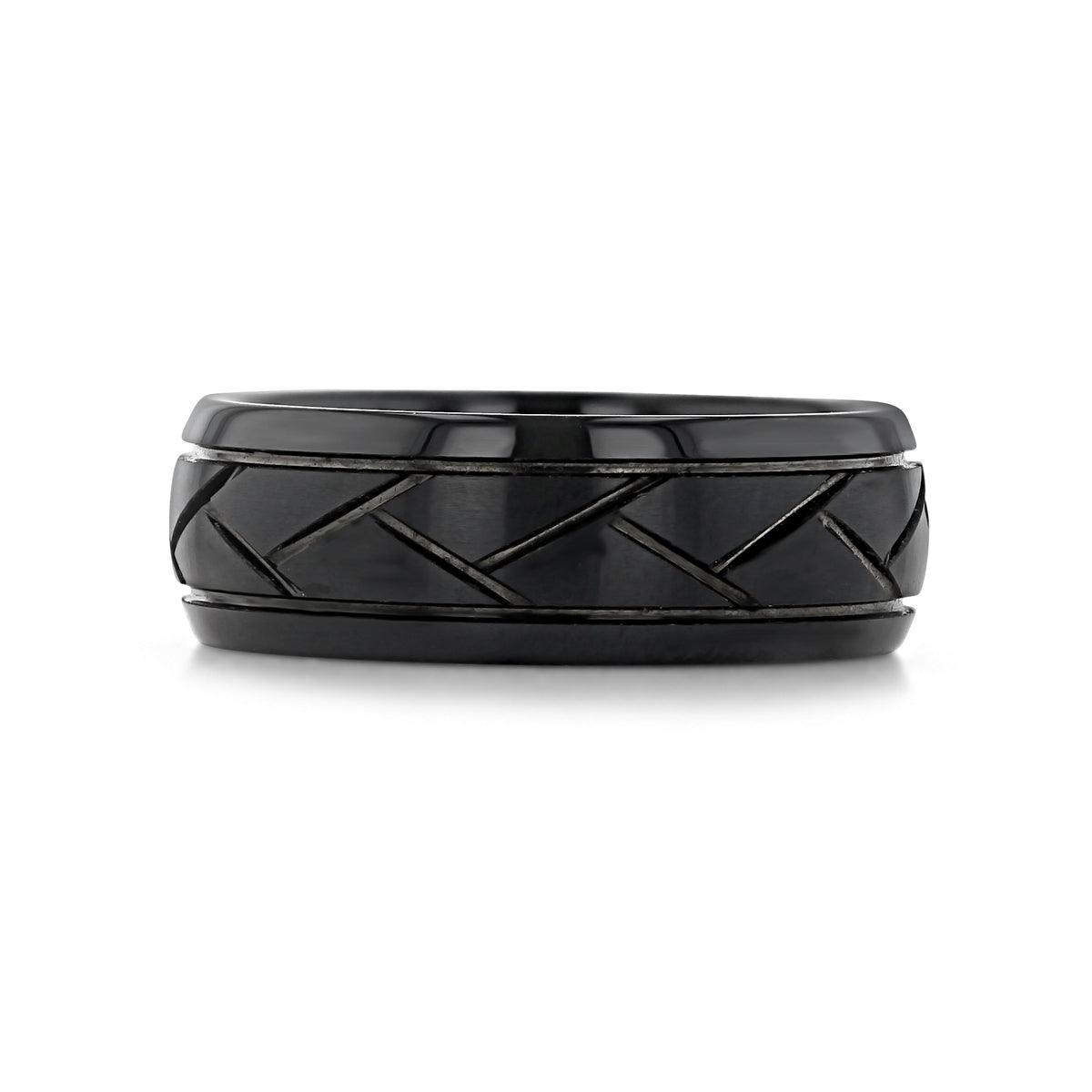 Triton Black Tungsten Carbide 8mm Men’s Carved Wedding Band | FG398, a black tungsten carbide ring featuring a carved, geometric chevron pattern around a brushed center.