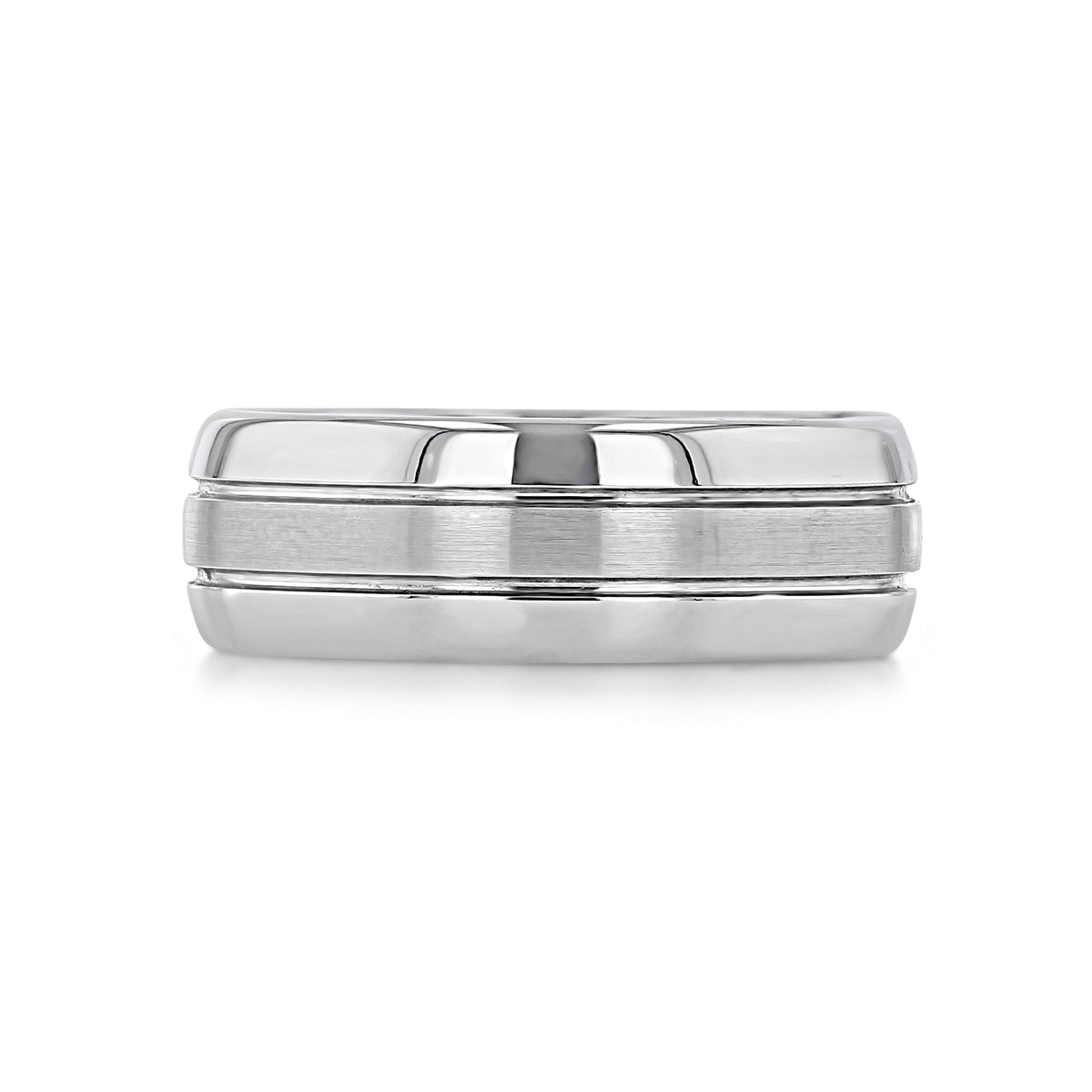 Triton Tungsten Carbide 8mm Men’s Brushed Center Wedding Band | FG400: an 8mm wide white tungsten carbide ring with a brushed finish center section framed by two thin horizontal grooves.
