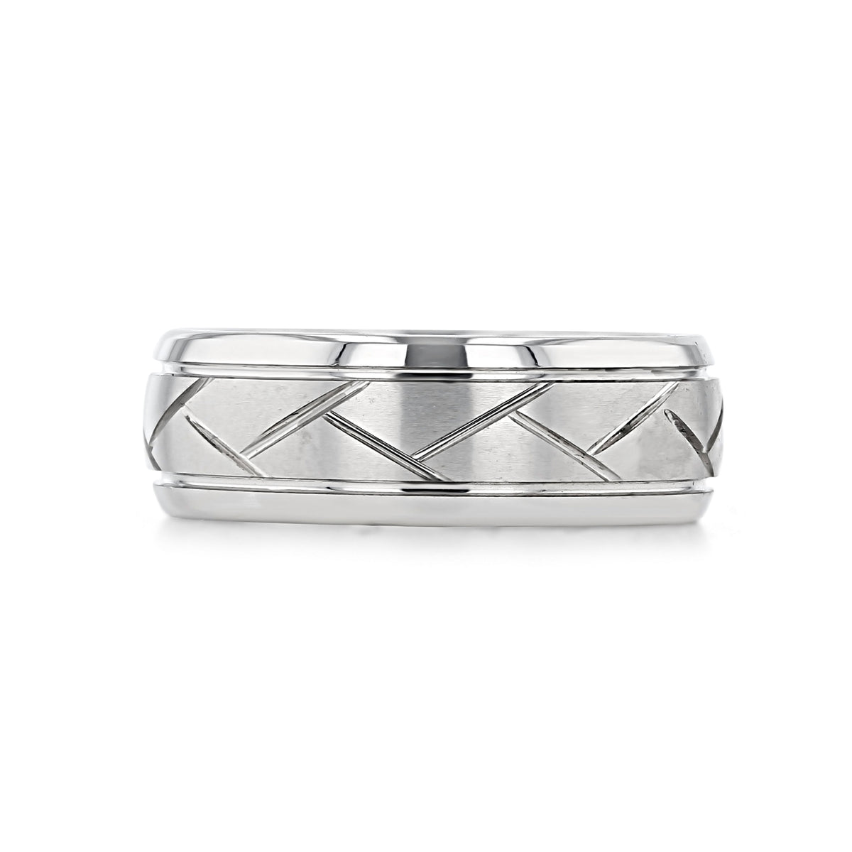 Triton White Tungsten Carbide 8mm Men’s Carved Wedding Band | FG405 featuring a textured center with repeating diagonal grooves and polished edges.