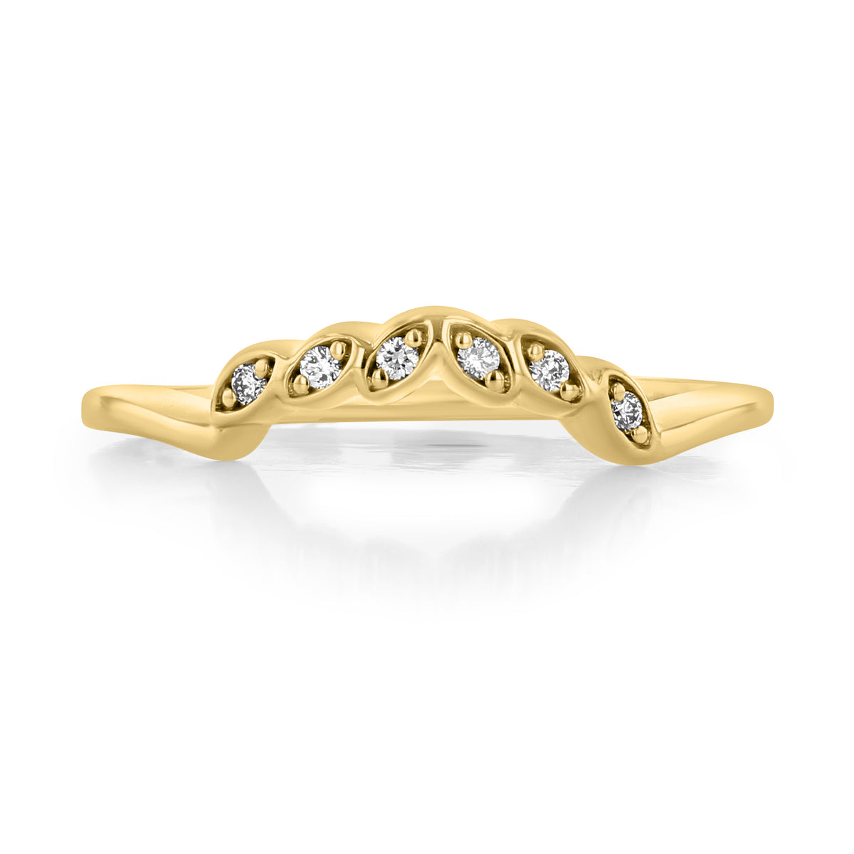 Cresta Nature-Inspired Curved Diamond Wedding Band in yellow gold, featuring a series of marquise-shaped settings in a leaf motif, each containing a small round diamond.