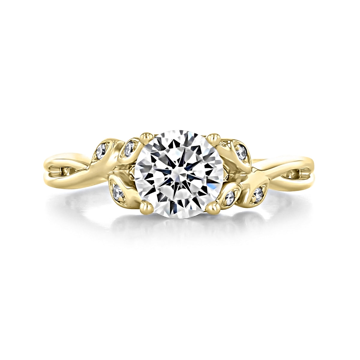 Ivy | Round Floral Diamond Engagement Ring featuring a 1-carat round center diamond and smaller accent diamonds set in a nature-inspired vine design on a gold band.