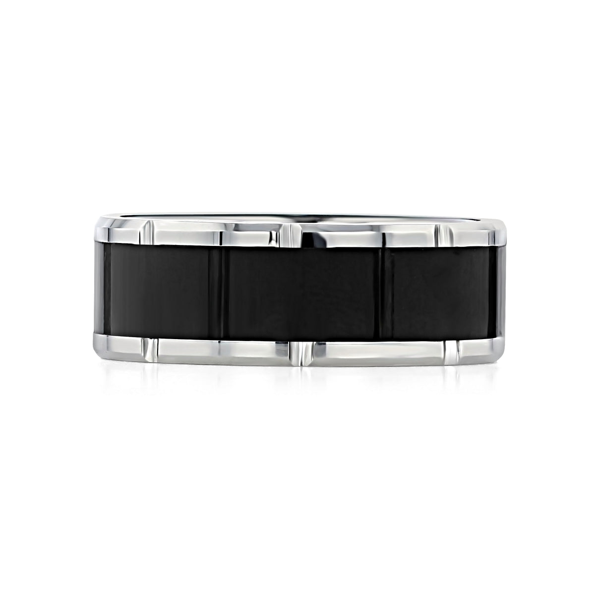 Triton Tungsten Carbide 8.5mm Men’s White and Black Wedding Band | FG454 featuring a wide, matte black center inlay flanked by polished silver-tone edges with a notched, segmented design.