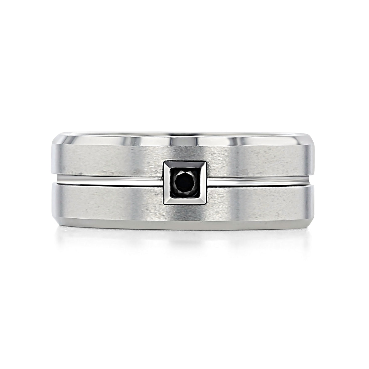Triton Tungsten Carbide 9mm Men’s Black Diamond Wedding Band | FG465, featuring a wide band with a horizontal center groove and a single square-cut black diamond set in the middle.