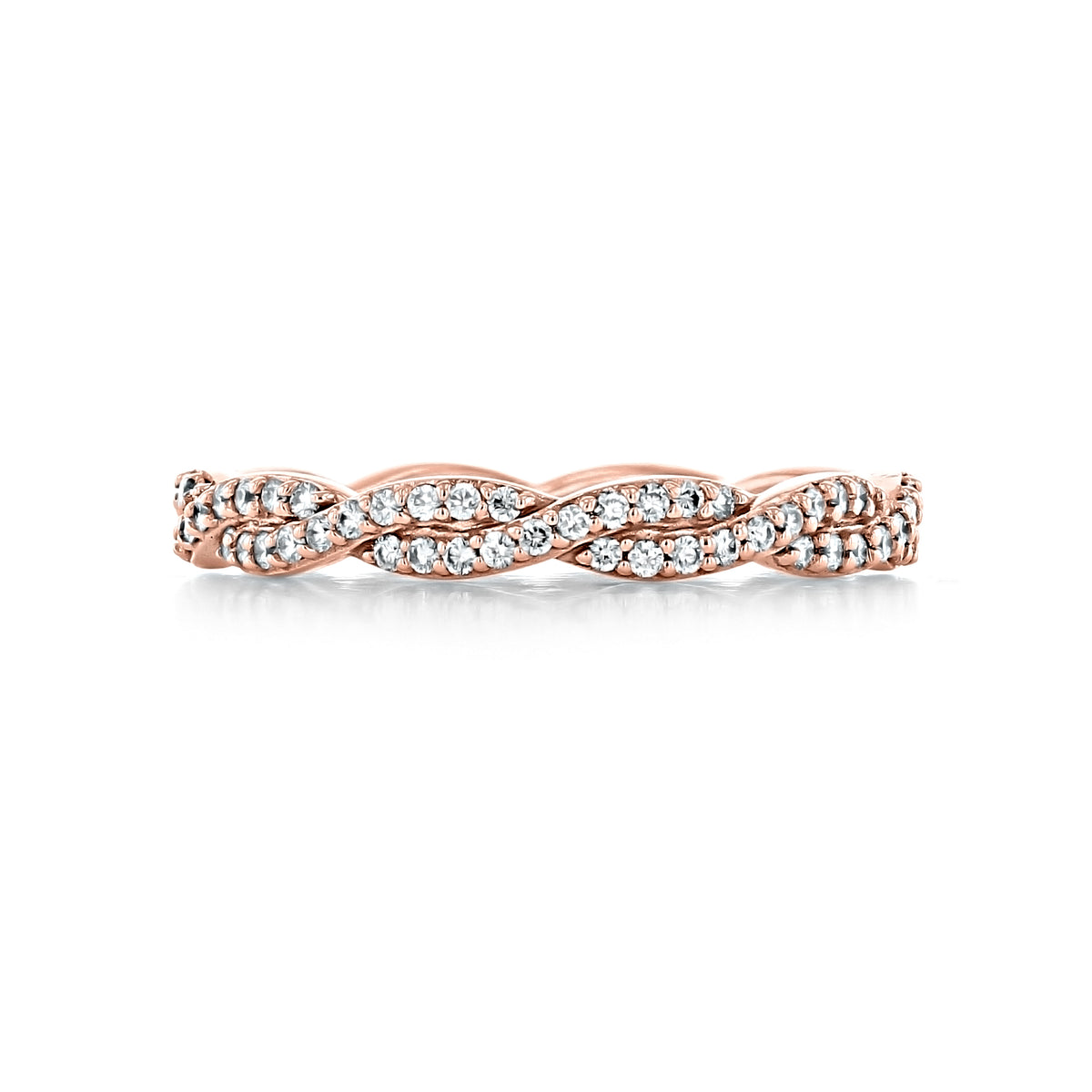 Evia | Twist Diamond Eternity Band in 14k rose gold featuring a twisted design set with small diamonds.