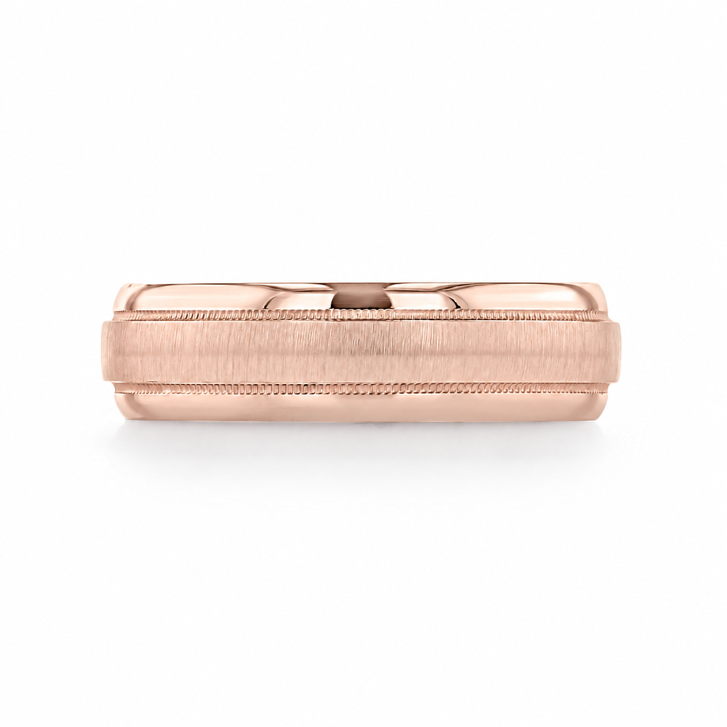 Milgrain Wedding Band | FG554 rose gold men’s wedding band featuring a brushed center and milgrain beaded edges.
