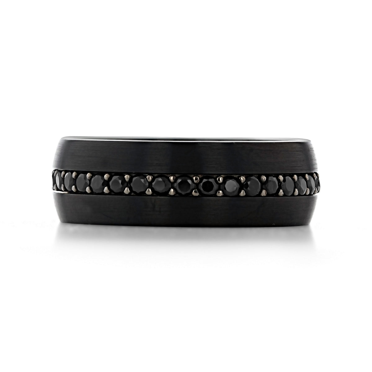 Triton Black Tungsten Carbide 8mm Men’s Sapphires Wedding Band | FG568: a black brushed tungsten carbide wedding band featuring a central row of round black sapphires.