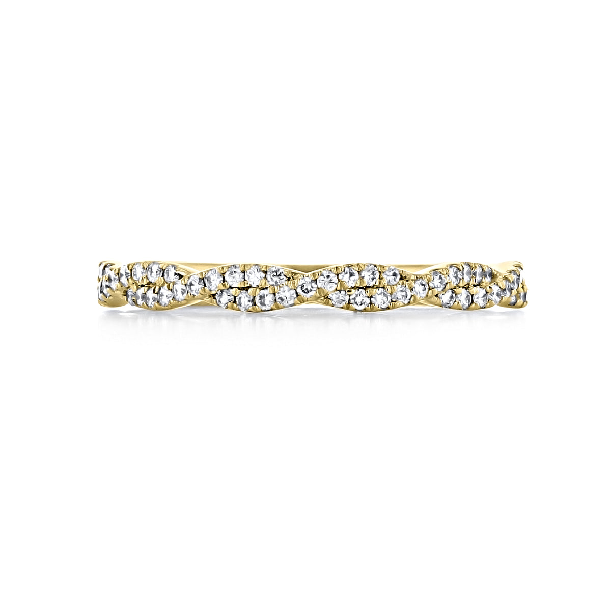 Sage | Twist Diamond Wedding Band in yellow gold featuring a twisted design covered in small pavé diamonds.