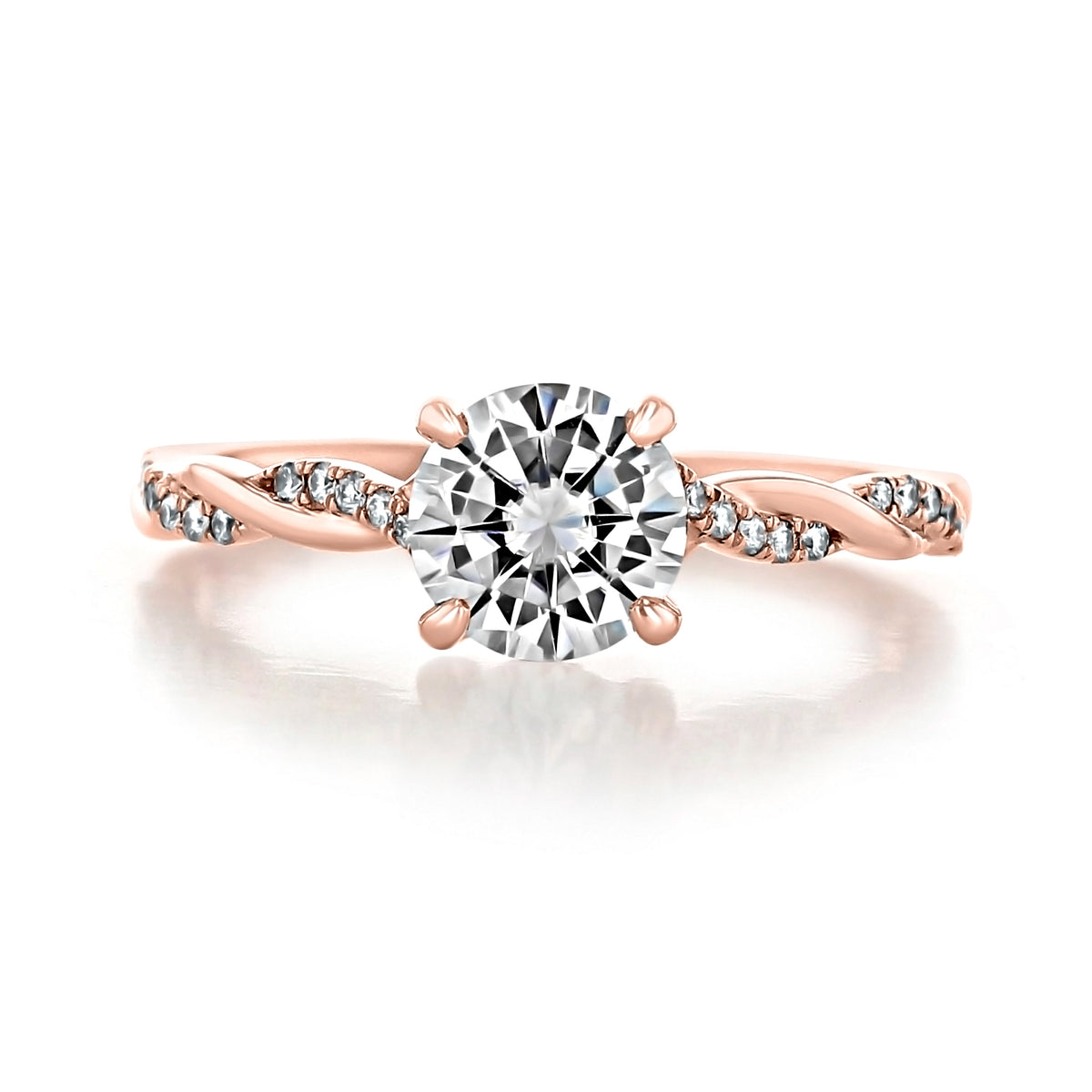 Venice | Round Twist Engagement Ring featuring a round center diamond and a twisted rose gold band set with micro-prong accent stones.