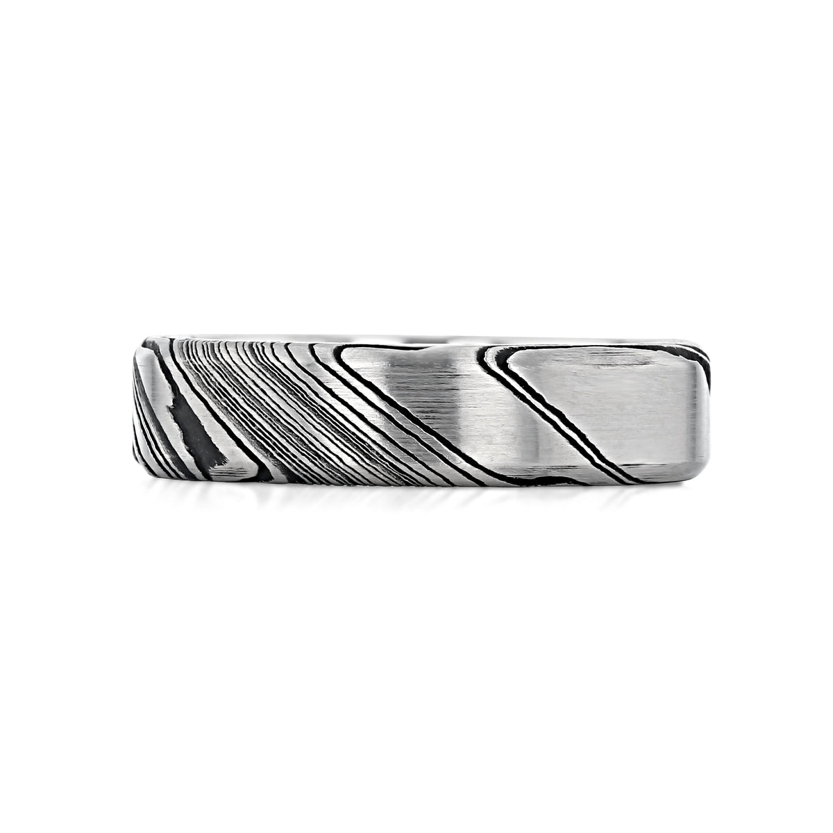 Triton Tungsten Carbide 6mm Men’s Damascus Steel Wedding Band | FG62 featuring a flat design with a swirling, wood-grain pattern of dark and light metal.