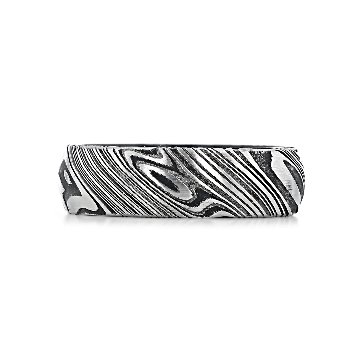 Triton 7mm Men’s Damascus Steel Wedding Band | FG63 featuring a black and silver swirling Damascus steel finish with a wood-grain etched pattern.