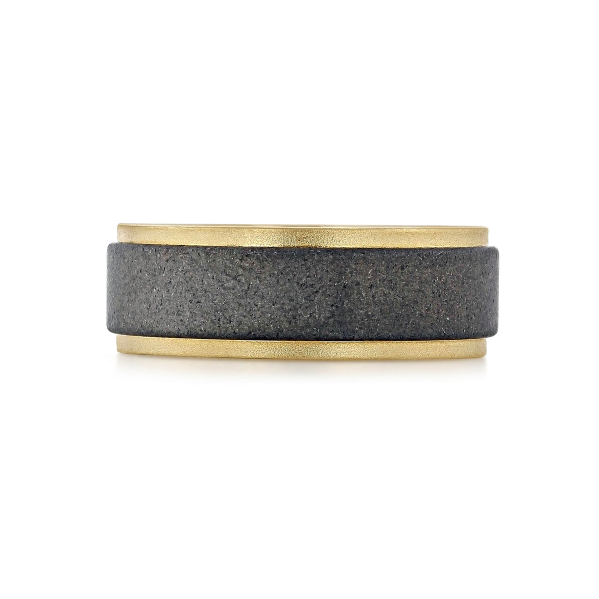 Triton Tungsten Carbide 8mm Men’s Sandblasted Two-Tone Wedding Band (FG64Y) featuring a textured dark gray tungsten carbide center with smooth 14k yellow gold-toned edges.