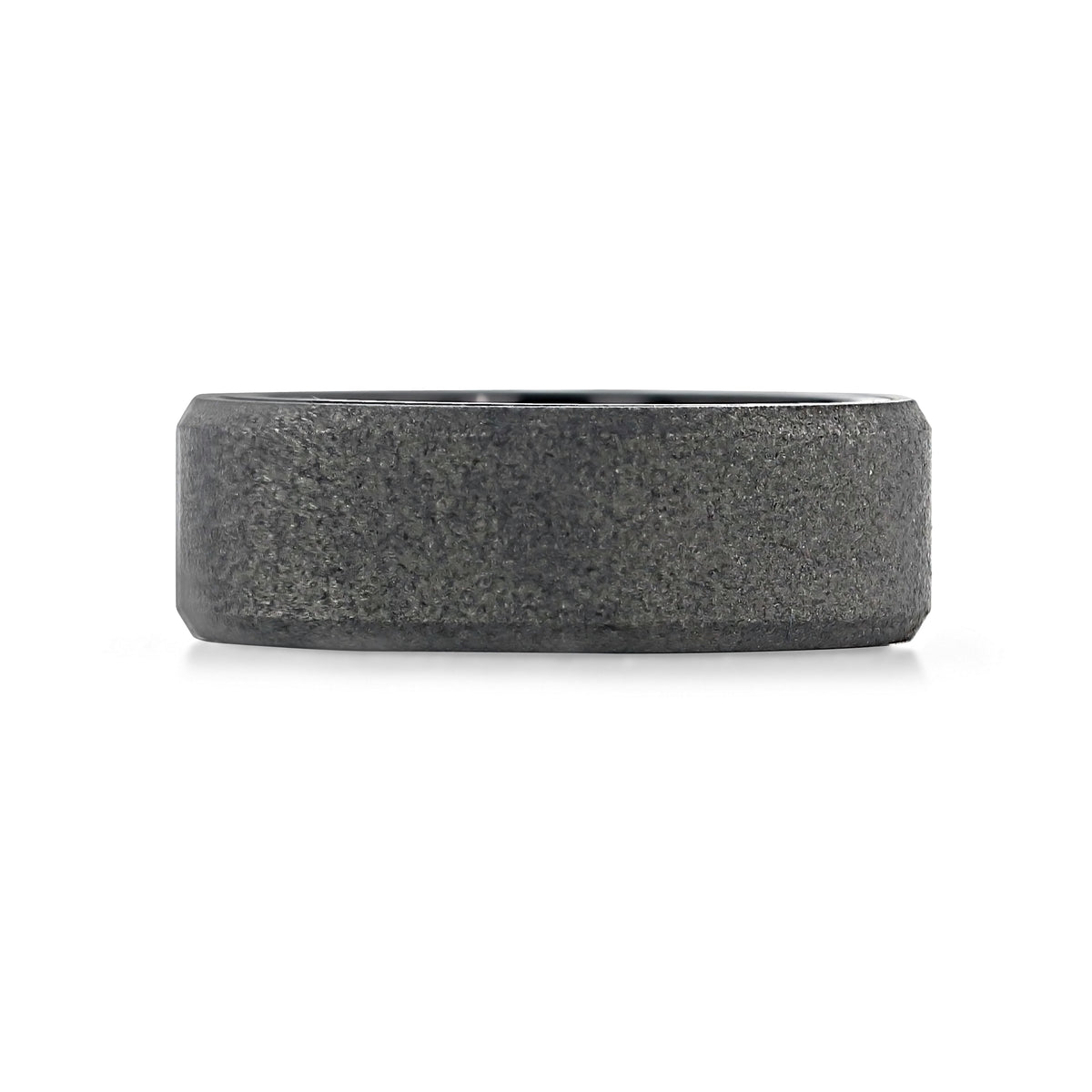 Raw Tungsten Carbide 8mm Men’s Wedding Band | FG66 in dark gray with a textured, matte finish and beveled edges.