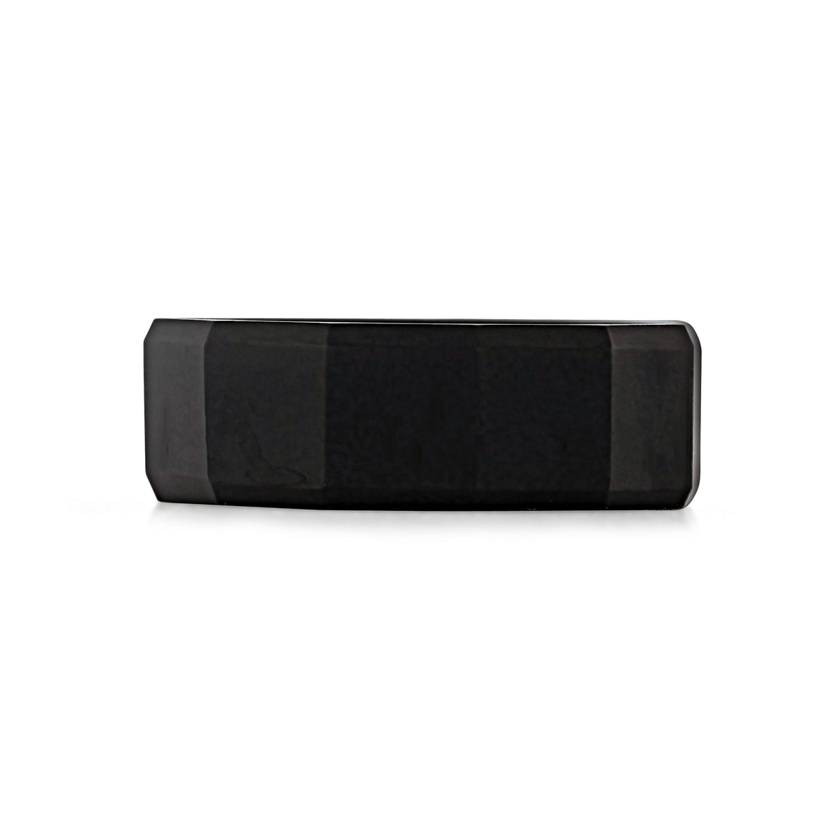 A Triton Black Tungsten Carbide 8mm Men’s Brushed Wedding Band | FG92 with a brushed finish and faceted edges.