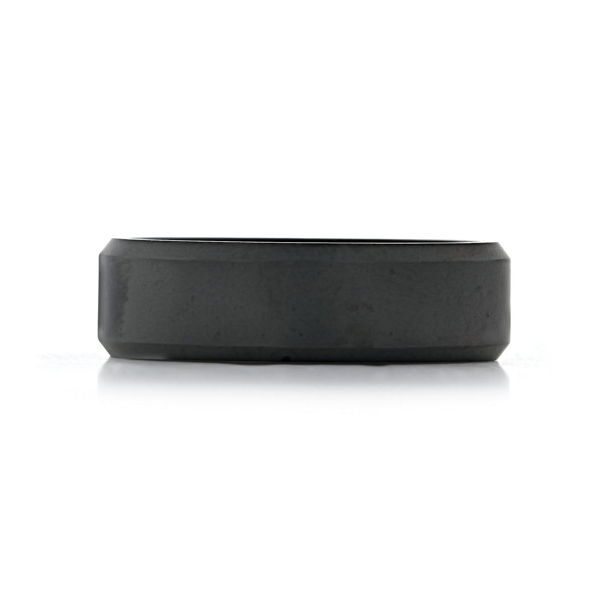 Raw Black Tungsten Carbide 7mm Men’s Wedding Band | FG96, a flat, black band with beveled edges.