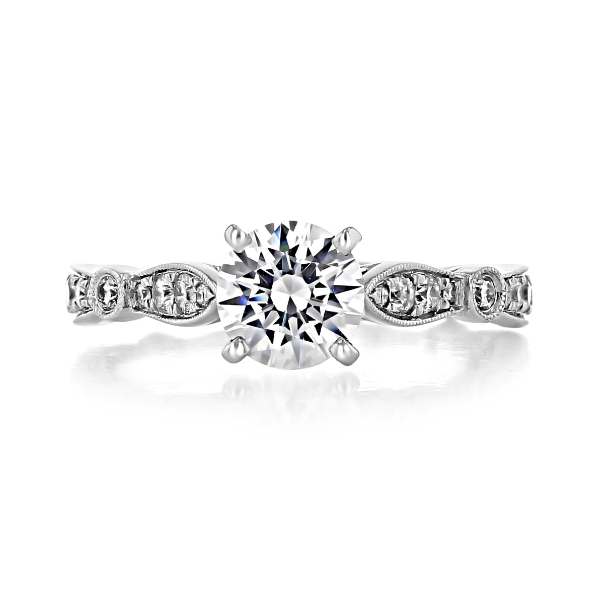 Mabel Art Deco Engagement Ring by Gabriel & Co. featuring a 1ct round diamond set on a pavé band with marquise-shaped metal accents.