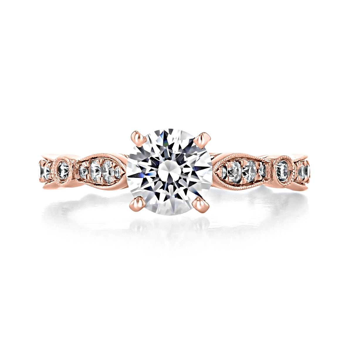 Mabel Art Deco Engagement Ring by Gabriel & Co. featuring a 1ct round brilliant-cut diamond in a vintage rose gold setting with marquise side stones and decorative metalwork.