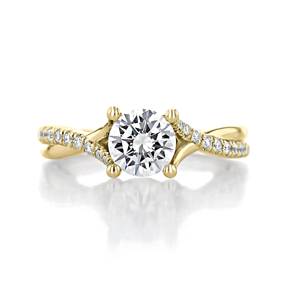 Leigh | Micro-Prong Engagement Ring by Gabriel & Co. in yellow gold, featuring a round center stone held by four prongs on a twisted band with microprong diamond accents.